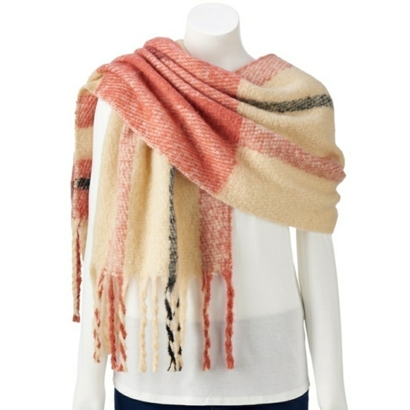Lauren Conrad LC Tan Black Rust Orange Plaid Fringe Blanket Wrap Scarf NWT - Picture 1 of 5